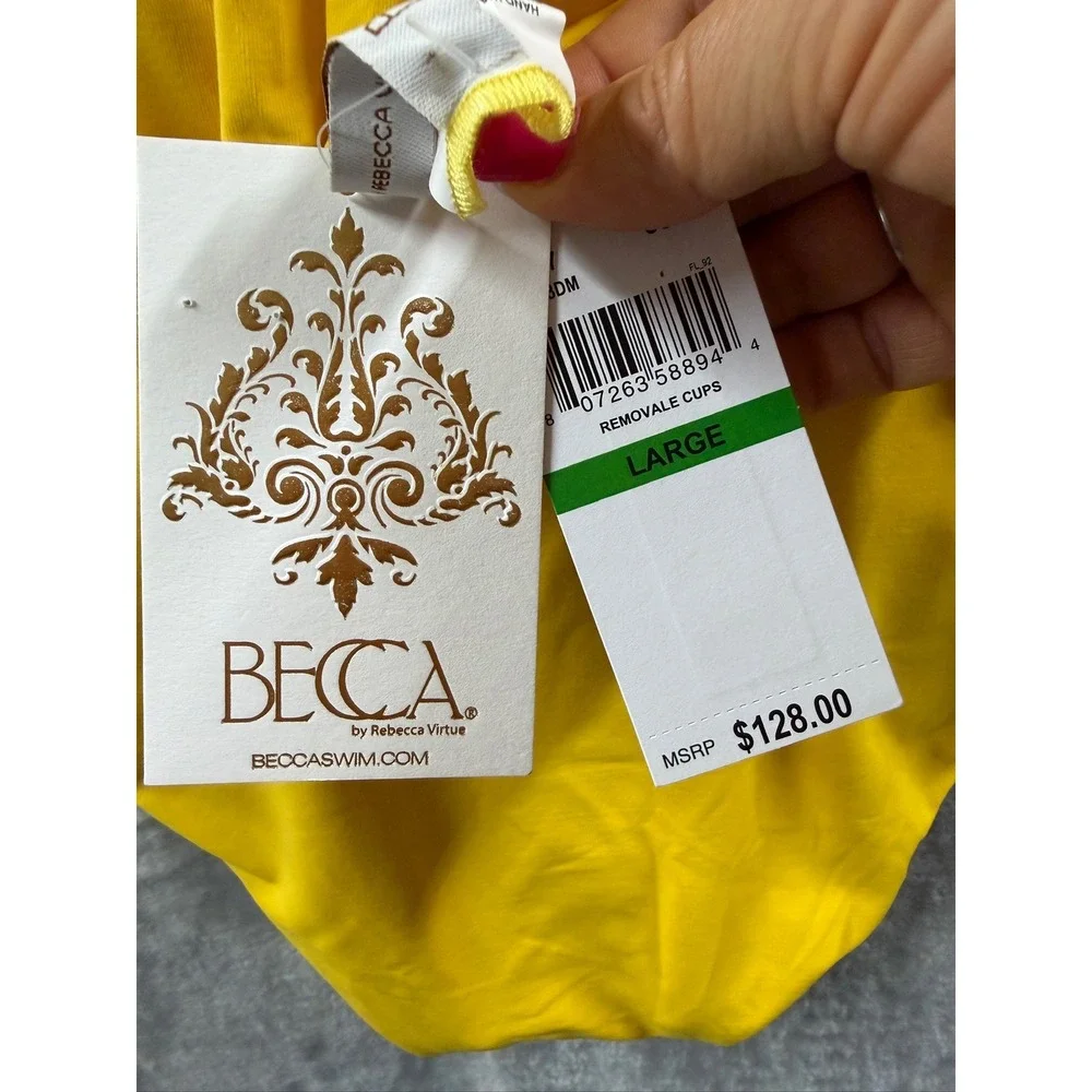 Becca Yellow Beaded Ring One Piece Swimsuit Plunge V-Neck Cross Back Cutout  L
